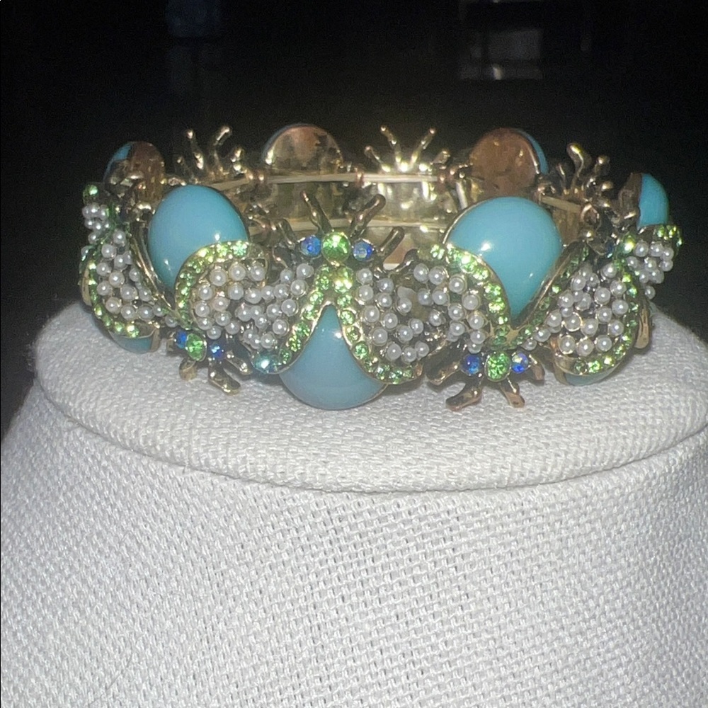 Plunder Turquoise Statement Necklace & Bracelet Set Gold Beaded Rhinestone - Picture 5 of 5